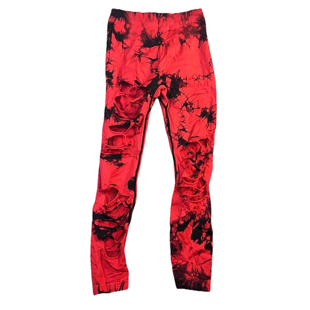 Womens Red Black Tie Dye Leggings Distressed Holes Rips Pull on Pants Size S